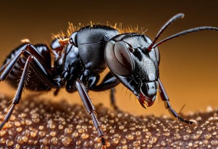 An ultra-detailed high-resolution macro shot capturing the intricate features of a queen ant, showcasing its majestic presence and intricate anatomy up close, macro photography highlighting the queen ant's detailed body structure, regal and powerful aura, close-up view revealing the tiny details of the ant's exoskeleton and antennae, impressive level of detail and clarity, scientific beauty of nature, visual masterpiece displaying the queen ant's importance in the colony, realistic and immersive experience, macro shot by top photographers like Levon Biss, Nicky Bay, Piotr Naskrecki, trending on Nat Geo, trending on Macro Photography, Intricate, High Detail, Sharp focus, realistic, scientific, photorealistic image by Levon Biss and Nicky Bay;