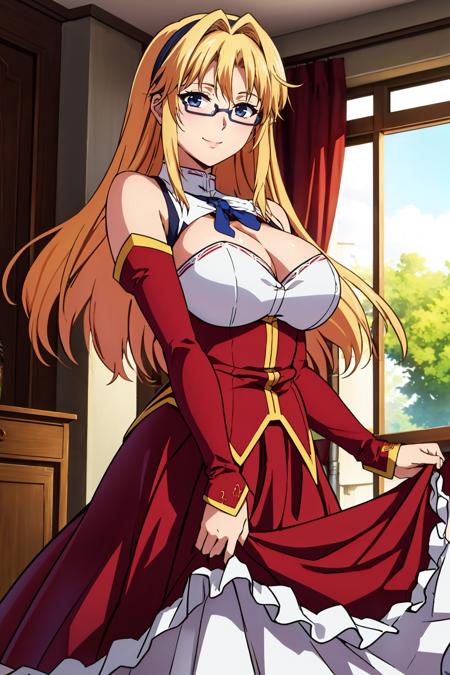 satella hairband, red dress, cleavage, red sleeves, detached sleeves, frills, long dress, glasses