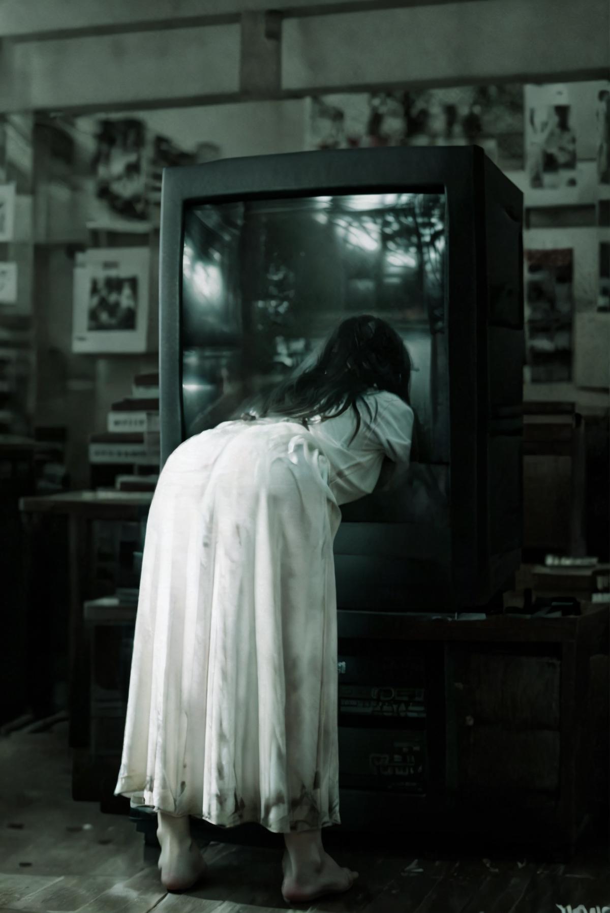 Woman in white dress leaning against TV screen.