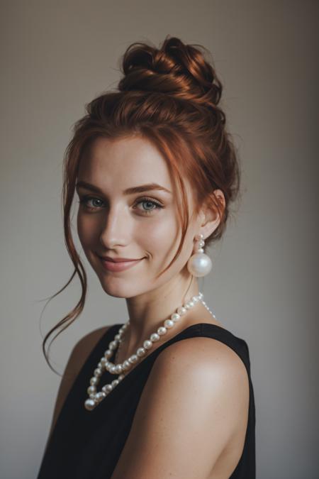 RAW photo, a girl in a black dress, copper hair, messy back bun, posing for a portrait picture, with a pearl necklace on her neck, slightly smiling, looking at viewer, 8k uhd, dslr, soft lighting, high quality, film grain, Fujifilm XT3