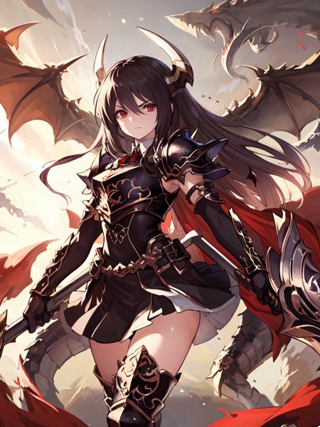 masterpiece,best quality,highres,1girl,<lora:ForteV2:0.75>,looking to the side,portrait,from random point of view,dual wielding, white lance,black lance,dragon,holding,weapon,armor,black thighhighs,skindentation,red eyes,serious