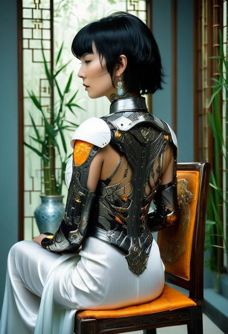 lazypos
Solo figure, androgynous cyborg with irezumi biomechanical armor, seated on ornate wooden chair with Hanfu-style silk robe asymmetrically draped, liquid pearl embroidery flowing from shoulder to waist. Short black hair with cybernetic cable accents, delicate facial features looking over the shoulder, back mostly turned to the viewer in contemplative pose, futuristic luminous tattoos glowing through translucent armor plates. White ceramic vase emitting ethereal smoke, misty courtyard with bamboo lattice shadows, volumetric lighting casting dappled patterns across semi-transparent biomechanical back. Minimalist composition with tilt-shift perspective and unexpected top-angle view emphasizing geometric silk folds against flat color gradients. Texture: PBR materials for metallic carvings and silk subsurface scattering. Lighting: two-tone cinematic with cool misty blues vs warm cybernetic oranges. Artistry: Chinese ink wash elements blended with cyberpunk neon, cyb0rg, science fiction, cable, mechanical parts, trending on ArtStation, trending on CGSociety, trending on DeviantArt.