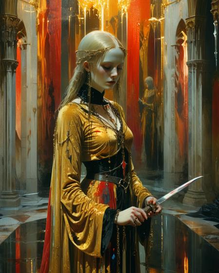priestess, gothic, gold velvet robe, chains, sword, focused lighting, cathedral, marble, colorful prismatic refracted light, reflections, water, fountain, blood, transparency, intense colors, realistic photo, <lora:XSfenlie:0.6> fenliexl,  <lora:xl_more_art-full_v1:0.5>,  <lora:add-detail-xl:0.4>,   <lora:Philippe Druillet Style:1> Philippe Druillet Style, <lora:Euan Uglow Style:1> Euan Uglow Style page