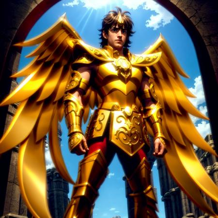 <lora:SagittariusArmor:0.7>, masterpiece, best quality, masterpiece, detailed face, detailed eyes, full body,  1boy, The winged knight stands tall in gleaming golden armor, with wings crafted of metal. He surveys the battlefield with a commanding presence, his sword and shield at the ready. The sunlight catches the intricate details of his armor, casting a brilliant glow. His wingspan is formidable, a symbol of his power and courage. He is a defender of the realm, a hero to his people, and a force to be reckoned with.