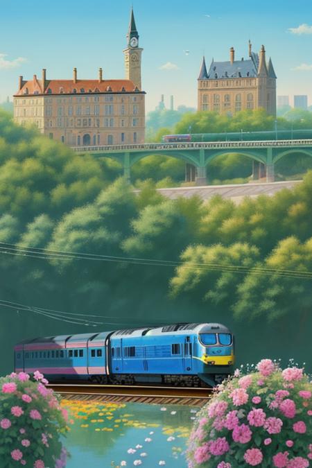 a photo of the nice Isometric_Dreams, a painting of a flower in a vase with a train on it's side and a building in the background