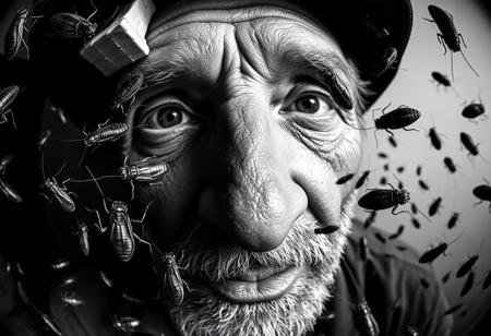 “A black-and-white abstract dystopian photograph captured with a cinema-grade 12mm fisheye lens, delivering a warped, immersive perspective that distorts reality. The close-up portrait of a rugged 50-year-old rural man reveals his face fragmented into disjointed rectangular sections, with pieces of his eyes, nose, mouth, and skin displaced randomly. Within the chaotic gaps, swarms of vividly detailed, oversized cockroaches emerge, their shiny, textured bodies and twitching legs creating an unsettling contrast against the monochrome tones. The intense chiaroscuro lighting deepens the shadows, accentuating the grotesque invasion of the cockroaches and amplifying the nightmarish, surreal atmosphere of the composition.”