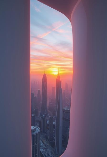 A fleeting sunrise seen through a narrow, frosted slit in the glossy, stark-white composite wall of an ultra-futuristic, dystopian megatower. For a single second, the sun’s radiant, pearlescent-orange rays stream in, casting an otherworldly glow across the pristine, all-white interior filled with pulsating quantum displays, sleek levitating panels, and softly whirring tech nodes. Beyond the slit, a sprawling, hyper-advanced cityscape stretches out with towering, elegantly curved skyscrapers—their smooth, flowing designs resembling liquid glass—and glowing energy grids, all silhouetted against a sky streaked with iridescent pink and lavender hues. The brief sunlight reflects off the polished white surfaces inside, amplifying the contrast between the sterile, high-tech environment and the ephemeral beauty of the sunrise, before shadows return.