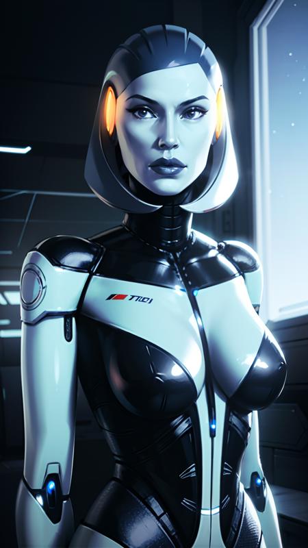 <lora:EdiMassEffect-10:0.7>, edimasseffect, android head, android skin, colored silver skin, android silver hair, robot joints, (upper body shot:1.1), neutral lighting, spaceship interior background,