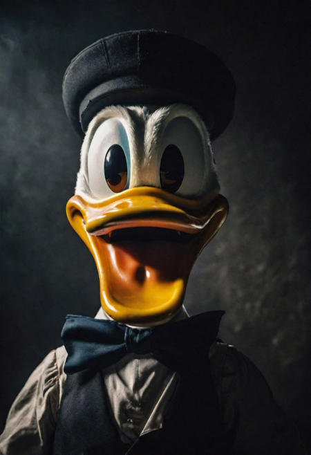 Close-up, (Donald duck ), grim smile, relaxed pose, portrait movie shot, serious, menacing, chiaroscuro style photo, dark background, minimalism, dramatic lighting, professional quality, dull highlights and shadows, natural and   original, laser eyes