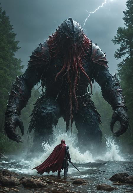 extremely detailed, ultrahd, raw photography, dynamic, action, in motion, volumetric lighting, dark knight, dirty decorated armor, dark red cape, exhausted, tired, motivated, fighting with (water [monster:fish 0,5], [reptile:squid 0,5]), night, lake, forest, storm, lightning, Bosstyle, creepy, epic, monumental,