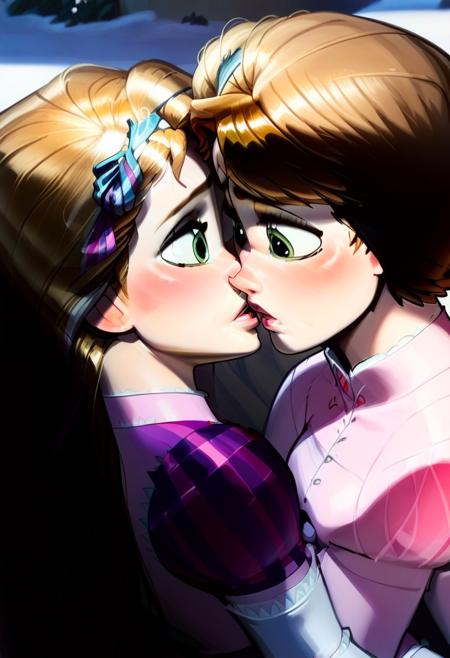 masterpiece, best quality, amazing quality, intricate details, 2girls, yuri, DisneyRapunzel, blonde hair, green eyes, very long hair, anna, imminent kiss, snow, 
