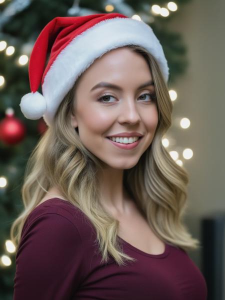 waist up  portrait of (syds woman),  wearing santa hat, 8k uhd, dslr, bright lighting, high quality, film grain, Fujifilm XT3
 <lora:SydneySweenyXLDogu:1>