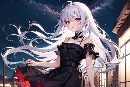 masterpiece, best quality, long hair, silver hair, purple eyes, wind, messy hair, outdoors, night, black dress,