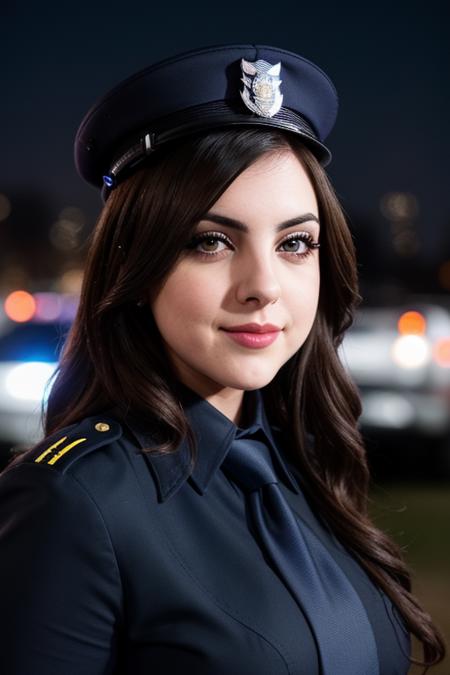 photo of a woman, lizgillies, ((necktie, shirt, police uniform, badge, dark blue shirt, police hat):1.2), ((closeup, portrait)),((outdoors, city, at night, fire, explosions):1.2),smiling, ((red lipstick, eyeliner, eye shadow, blush)), ((best quality, masterpiece, extreme details, high resolution):1.2),((detailed eyes, beautiful eyes, detailed face, beautiful face):1.2)