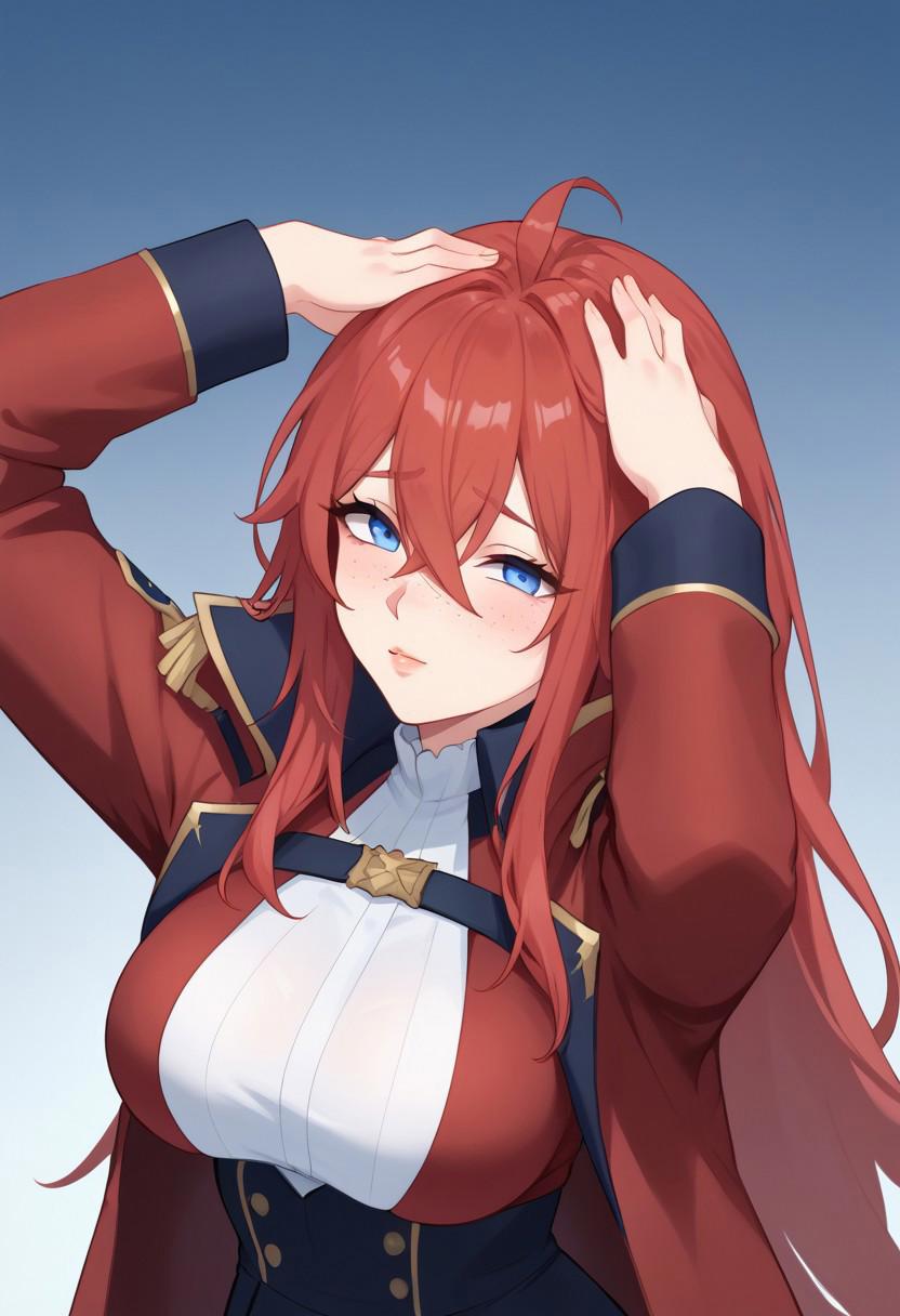 score_9, score_8_up, score_7_up, expressiveh, source_anime, 1 girl, solo, sexy girl, large breast, red coat, bleh meme, hands on own head, ulyana, long hair, red hair, blue eyes, face freckles, large breasts, body freckles, bangs, hair between eyes, straight hair, solo