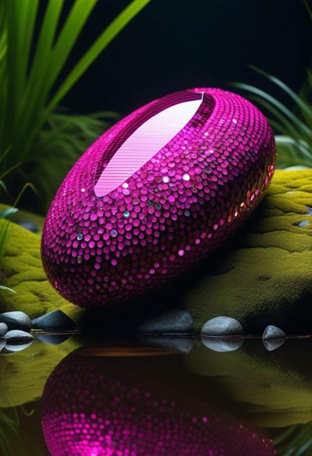 masterpiece, high-quality hyperrealistic photography captured with the best camera, 3D, HDR, high definition, pores and detailed, detailed and intricate volumetric lights, in the dark, at night, (ancient artifact: 1.2), on the wetland, Anaconda fusion and jewel, (scale with pink diamonds inside), rough stone with pink diamond, (long elongated body: 1.2), glitter, more details XL, BugCraft, brilliant