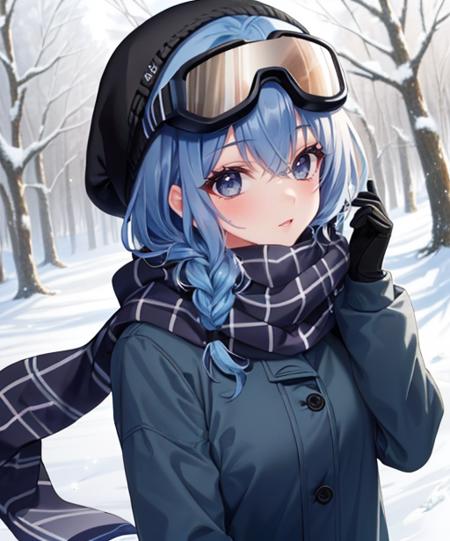 (adult woman), (1girl, solo), (looking at viewer), (ski goggles, goggles on head), (ski cap, ski coat, scarf), (blue hair, braid), (grey eyes), ((trees, slope)), (night, stars), (best quality, high detail), ((masterpiece)), <lora:1_izumitsubasa_4e:1>