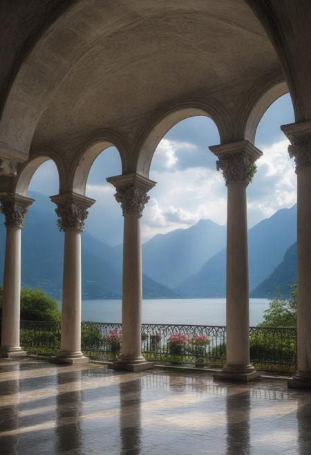 A view of Lake Como from an old Italian villa with columns and arches, flowers in white on each side of the arched doorways, the dramatic and cloudy sky with sun rays shining through, mountains visible across the water,