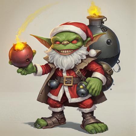 cartoon style, outline ,fantasy d&d image of a cute path_goblin, dresed as santa claus, with a bomb on his hand, <lora:Path_goblin:1>