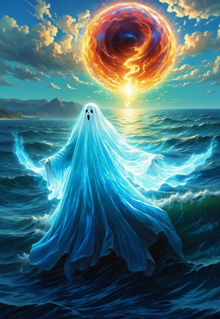Portrait, Centered, CGI, Neo-impressionism, mastercrafted. comicbook illustration, A vibrant ghost over a calm ocean, flying in the distance, sharp focus, refined, defined, highly detailed, follow negative prompts