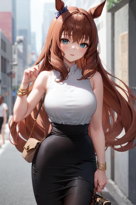 masterpiece, best quality,
maruzensky \(umamusume\),
black skirt, sleeveless shirt, white shirt, bracelet, pencil skirt, handbag,
<lora:maruzensky_lora:0.7>