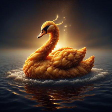 A deep-fried swan, golden and crispy, floating in a vast lake of rich, dark soy sauce. The scene is highly detailed, with steam rising from the swan’s crispy skin, oil glistening under the soft ambient light. The soy sauce lake reflects the warm hues of the setting sun, creating a surreal and cinematic atmosphere. The composition is artistic, blending realism with surrealism, evoking a sense of both culinary artistry and dreamlike fantasy. High-resolution, intricate textures, dramatic lighting, hyper-realistic food photography style. Dfc
,