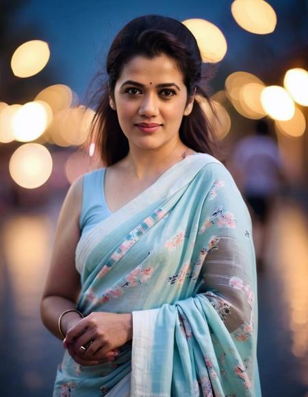 ultra realistic, sharp focus, photo of a 30-year-old woman, girija oak, wearing chic and elegant pastel shade cotton summer wear covering her chest, dynamic pose, looking at camera, at night, beautiful outdoor bokeh < <lora:Girija_Oak_SDXL_LoRA:1>