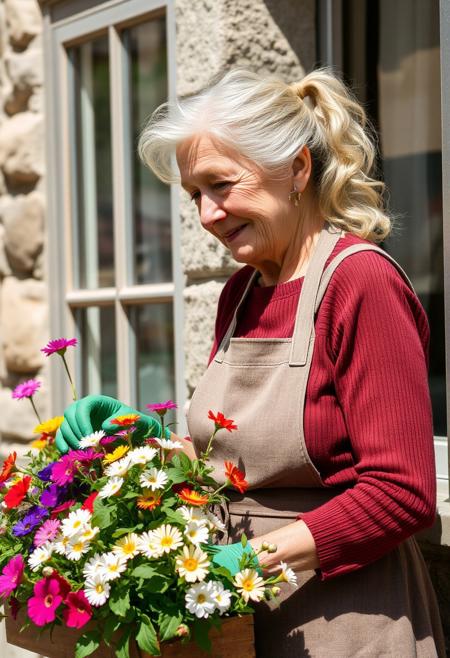 A gentle looking old lady tending to her flowers in her windows box. On a sunny day in northern italy, this older lady is wearing fashionable every day clothes, she has a dreamy expression and a little smile as if she was remembering good times, her wavy white hair loosely tied in a pony tail, she wears green gloves and an apron. She stands outside by the windows of her stone house. She is delicately tending to her flower window box full of pretty colorful flowers. A perfect calm atmosphere for a delicious day.