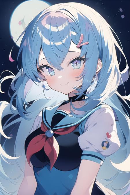 masterpiece, best quality,1girl, blue_background, blue_hair, closed_mouth, dress, full_moon, kamishirasawa_keine, long_hair, looking_at_viewer, moon, puffy_short_sleeves, puffy_sleeves, sailor_collar, short_sleeves, smile, solo, upper_body