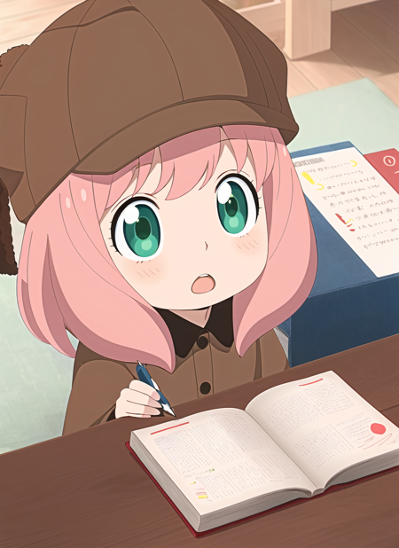 spy x family style, 1girl, pink hair, green eyes, solo, hat, female child, open mouth, holding, deerstalker, looking up, detective, brown headwear, parody, child, :o, book, pen, shirt, upper body, meme, holding book, short hair, notebook, holding pen, ((masterpiece)) <lora:spy_x_family_style_offset:1>