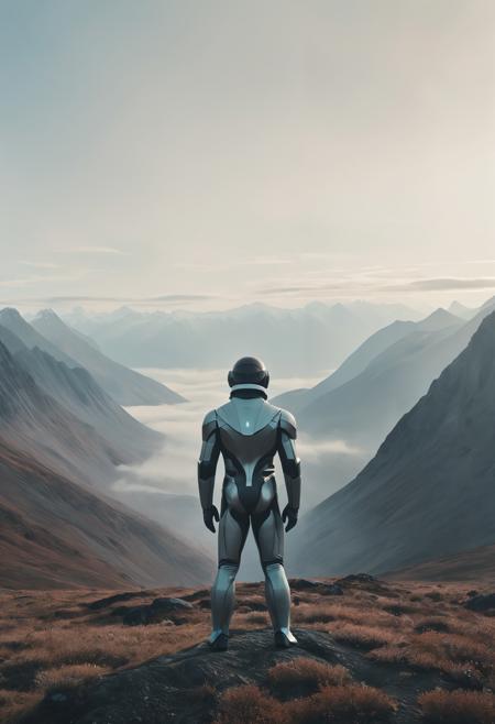 (Minimalist wide angle movie still), man in a futuristic suit, mountains, north nature, muted tones, warm light, cold colors, low contrast, foggy