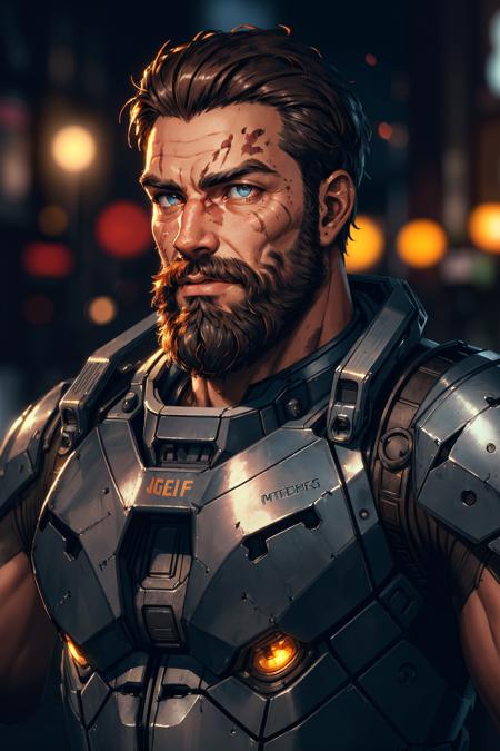 Portrait photo of muscular bearded guy in a worn mech suit, ((light bokeh)), intricate, (steel metal [rust]), elegant, sharp focus, photo by greg rutkowski, soft lighting, vibrant colors, (masterpiece), ((streets)), (detailed face)+, eye iris