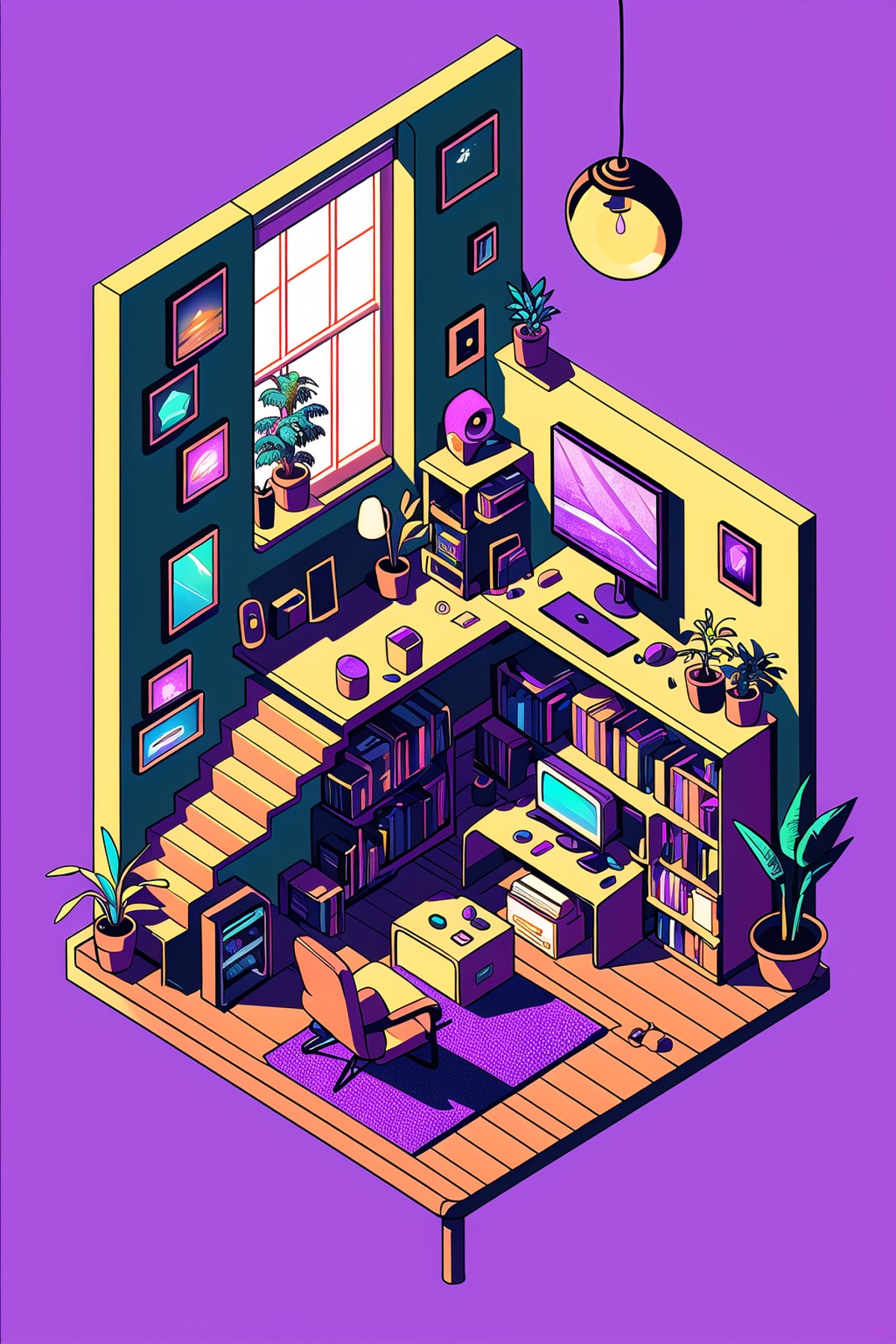 Iso Pixel Style,  simple background,  indoors,  book,  no humans,  window,  bed,  chair,  table,  plant,  scenery,  desk, ...