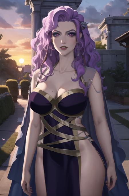 ((masterpiece)),((best quality)),((absurdres)),((ornate)),<lora:Aphrodite_bloodofzeus_v50:0.8>,straight-on,close-up,pose,looking_at_viewer,Aphrodite_bloodofzeus,aiwaifu,purple_hair,makeup,wavy_hair,lipstick,purple_beautiful eyes,large breasts,cleavage,curly_hair,purple_lips,multicolored_hair,mole_under_eye,collarbone,asymmetrical_hair,two-tone_hair,very_long_hair,earrings,long_dress,circlet,hair_ornament,toned,curvy,picture-perfect face, narrow waist, solo,flawless,mature_female,alluring,outdoors,arch,architecture,garden,stream,gradient_sky,twilight,petals,magic,sunset,sidelighting,light_particles,blurry_background,colorful,bokeh,(novel_illustration:1.2),(incredibly_absurdres:1.2),(depth_of_field:1.2),(scenery:1.2),(realistic:1.2),(masterpiece:1.2),