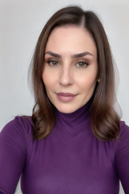 Portrait photo of emm3wh1t3 woman, purple turtleneck blouse, detailed face 