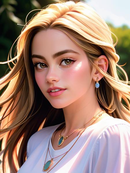 Realistic photo of a beautiful s0f14v-v2 woman,   1girl, solo, long hair, looking at viewer,  blonde hair, white shirt, brown eyes, jewelry, upper body, parted lips, teeth, necklace, lips, realistic, realistic, soft lighting, professional Photography, Photorealistic, detailed, RAW, analog, sharp focus, 8k, HD, DSLR, high quality, Fujifilm XT3, film grain, masterpiece<lora:s0f14v-v2:1.0>