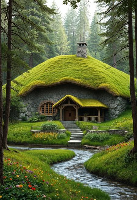 in front hangs a single-story house built of stone, covered and blended with nature, dug into the ground, on a slope, the roof reaches the ground and is completely covered with grass and green grass, the hobbit-type house, a large front porch, round windows, a stone chimney, inside spacious, at least three rooms, interior toilet and bathroom, separate wide kitchen merged with the living room, nestled in the forest in front of it runs a river, a meadow with colorful flowers, realistic style, photorealism, a sense of harmony and peace, relaxation,