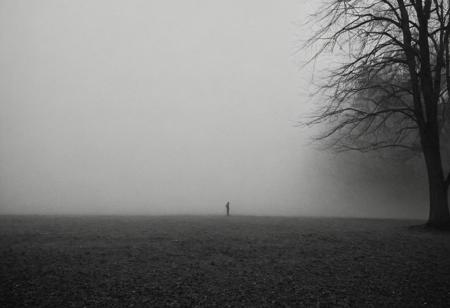 Capture a side view of a solitary figure holding a (ghostly hand:1.3) in the middle, gazing at the horizon, surrounded by (dense fog:1.3), (ethereal grain:1.2), and (atmospheric depth:1.1). Emphasize (temporal echoes:1.4), (intimate storytelling:1.3), and (abstract forms:1.2). Ensure both the figure and the ghost are visible within the same (dreamlike atmosphere:1.2). Inspired by the style of (Andreas Gursky:1.5) and (Gregory Crewdson:1.4), post-documentary silhouette photography, film grain, artifacts.
