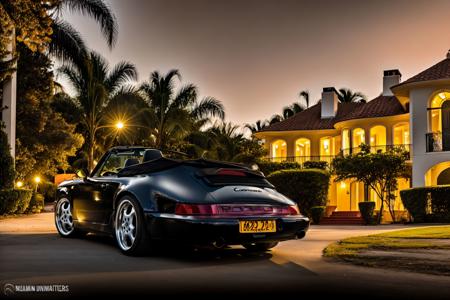 a black porsche964 cabriolet car rear view parked next to a mansion, at sunset, warm light, global illumination, volumetric lighting, highly detailed, insanely detailed, absurdres, best quality <lora:Porsche 964 Cabriolet-000004:1>