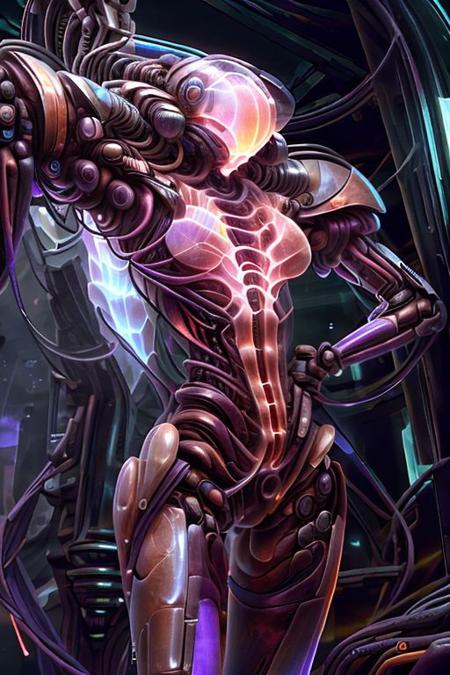 waist-length portrait, a woman pale Crab, posing for fashion, ((long neck, slender arms)) biopunk armour, (luminesce purple hues glowing) scifi, highly detailed, 8k