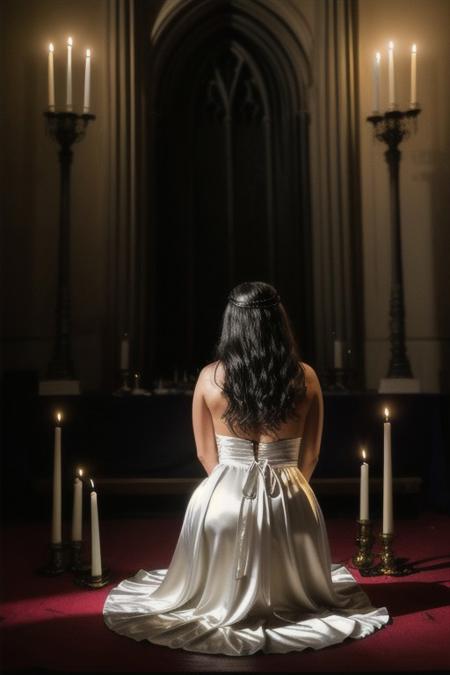 RAW photo, 8k uhd, dslr, high quality, ultra-realistic, realistic, realism, film grain, Fujifilm XT3.
View from behind, dark gothic-room lit by candles, sacrificing alter, golden chalice, blood spilling out.
1woman wearing a (satin white dress), voluptuous body, kneeling, worshiping