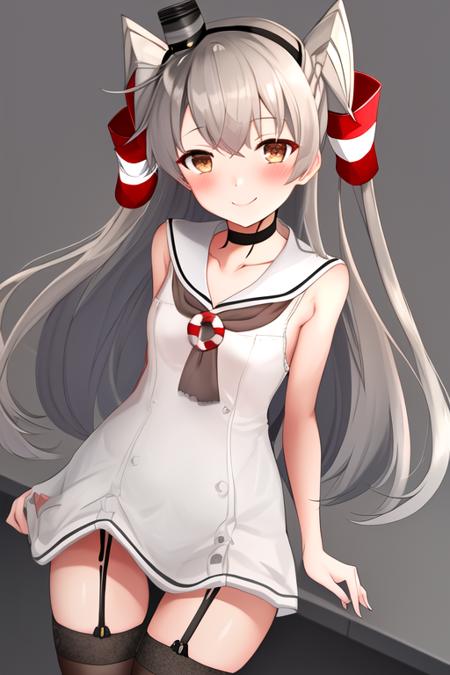 masterpiece, best quality, highres, solo, {amatsukaze_kantaicollection:1.10}, long_hair, two_side_up, brown_eyes, hair_tubes, grey_hair, blush, garter_straps, white_hair, 1girl, dress, looking_at_viewer, sailor_dress, choker, upper_body, smile