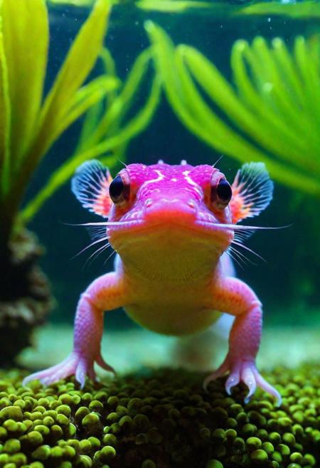 Whimsical charm, aquatic wonder, crystal-clear resolution, ultra-vibrant, UHD innocence, depth of freshwater, axolotl, swimming gracefully in a serene underwater garden, aquatic plants around, translucent skin, nearby, dappled underwater light, curious smile, (soft water glow:1.2), delicate gills fanning gently
