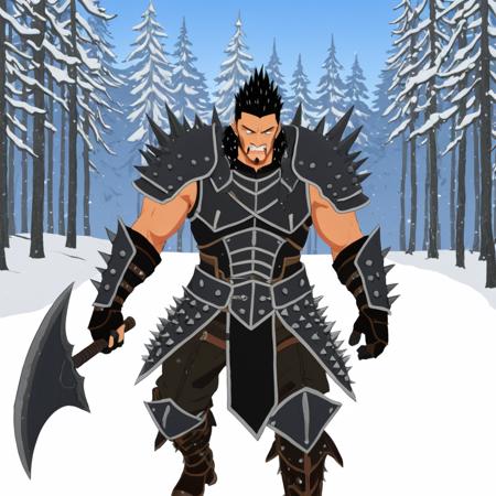 sfw, masterpiece, best quality,absurderes,cel shading,anime,a warrior with spiked black hair and a facial scar wearing spiked pauldrons and armor and a chestplate and holding an axe with a grimace on his face as he walks through the snow in a snowy forest, <lora:SDXLCelShading-000003:1>