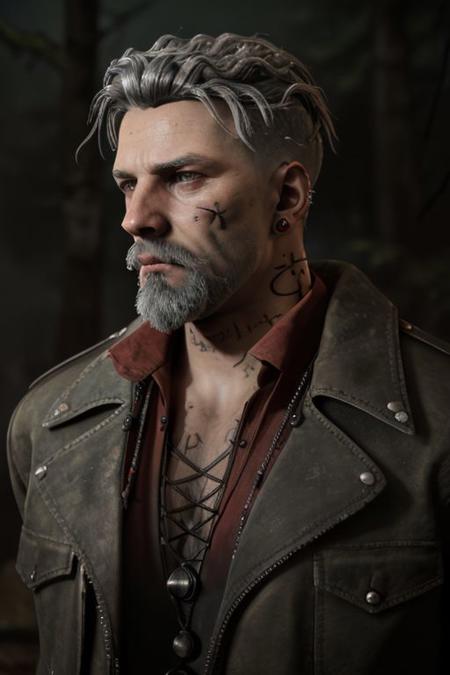 vittorio_toscano wearing a black jacket over a red shirt, jeans, 
Fighting in the forest, fog, night, scary,
gray hair, gray beard, earring, face tattoo,
upper body, hut background, detailed , masterpiece,
dark atmosphere, horror, terror, cinematic compostion, smooth skin,ultra realistic,32k,RAW photo,(high detailed skin:1.2), 8k uhd, dslr, soft lighting, high quality,
<lora:vittorio_toscano:0.8>