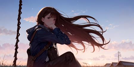 -blues,1girl,solo,sky,outdoors,bag,brown hair,coat,long hair,blurry,cloud,depth of field,blue sky,wind,scenery,lens flare,bokeh,from side,bangs,She is sitting on the swing,
<lora:blues_20240115150616-000018:0.9>,