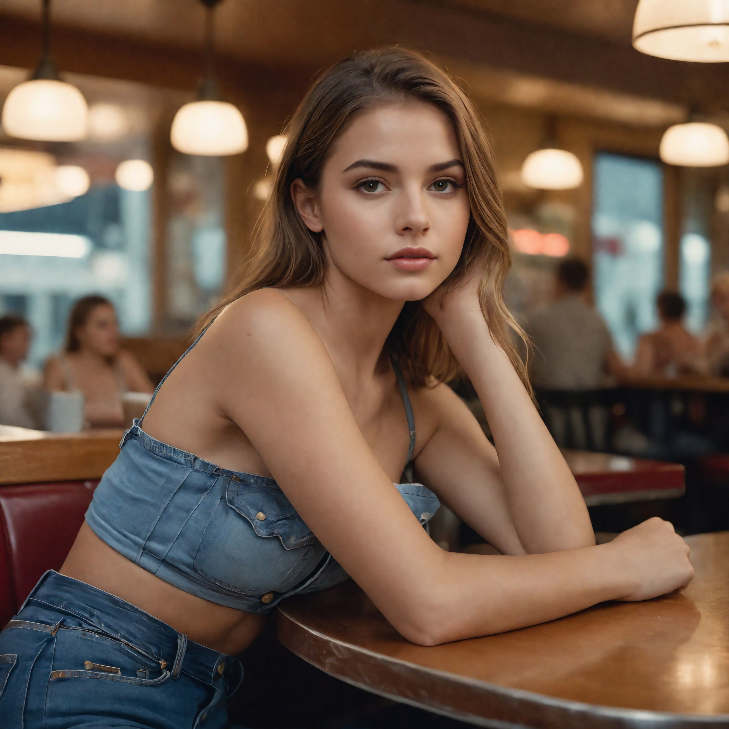 A woman in a denim top sits at a table in a restaurant.