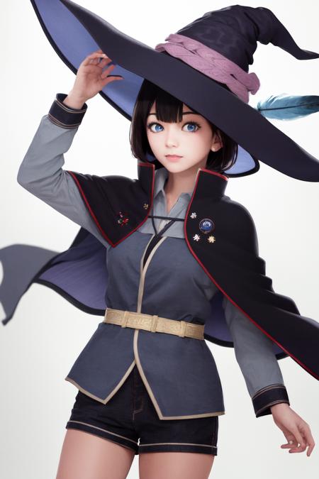 masterpiece, best quality, highres, 1girl saya bob cut blue eyes, witch hat blue hat feather, capelet robe shorts <lora:saya2:1> (photorealistic:1.0)