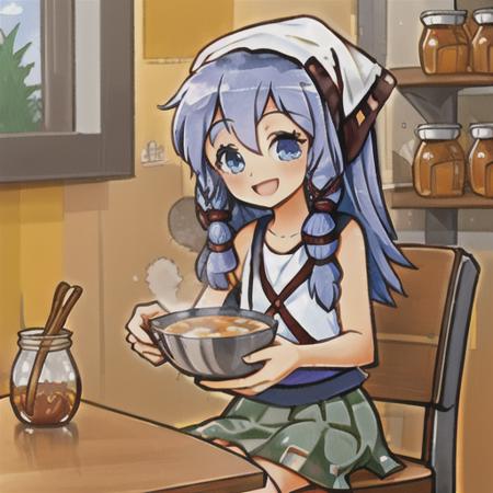 solo, magnolia, human, female, blue eyes, skirt, sitting, happy, table, bowl of soup, honey jar <lora:pk_magnolia_v2-000008:1>