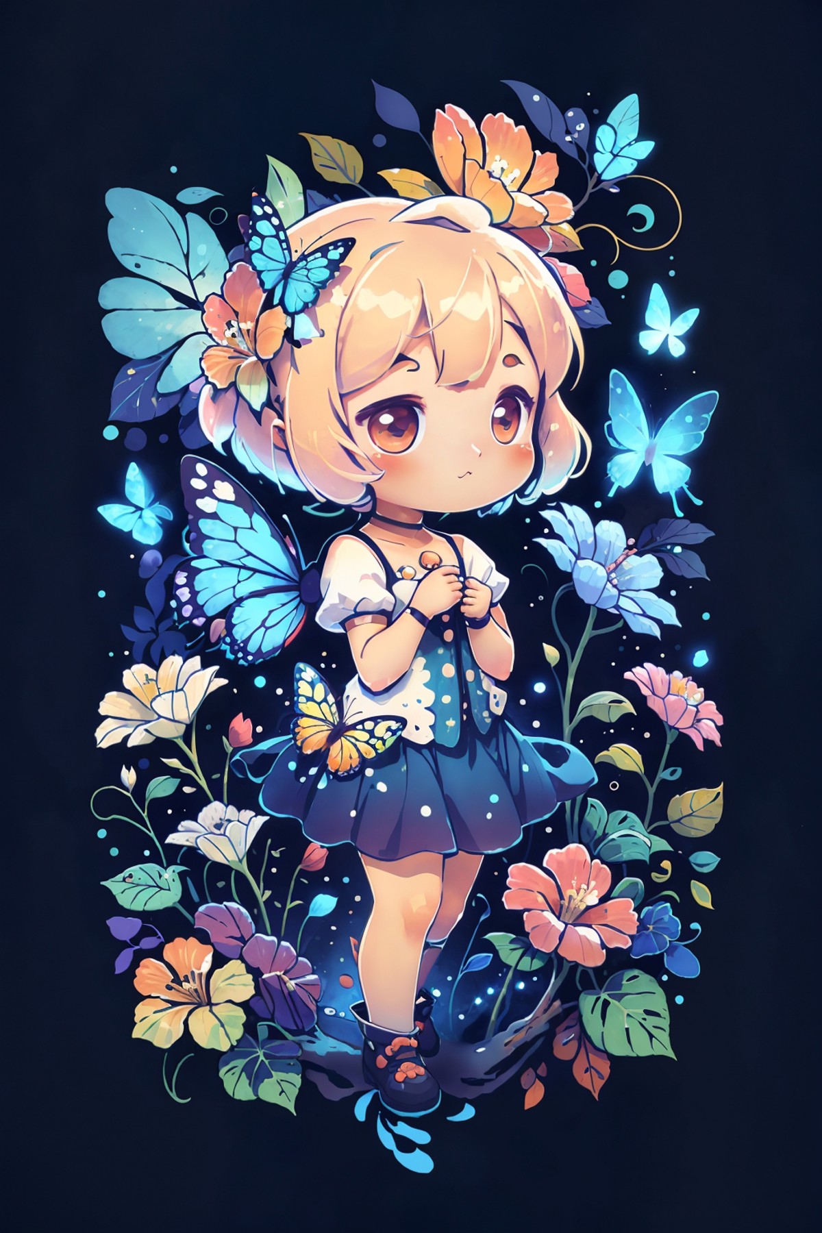 cute00d,  butterflies, chibi girl, flower, blue theme,  <lora:cute00d-000020:1>
